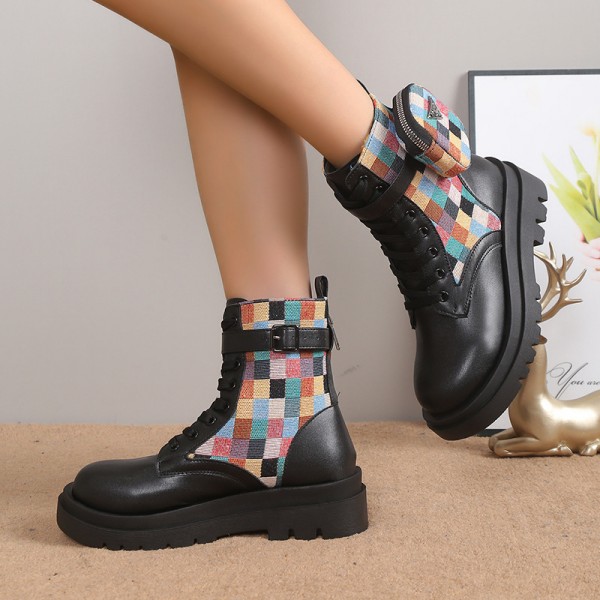 Women Fashion Lace Up Round Toe Platform Short Boots