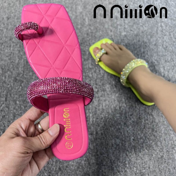 Women'S Fashion Square Toe Rhinestone Toe Ring Flat PU Slippers