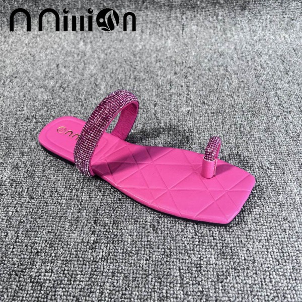 Women'S Fashion Square Toe Rhinestone Toe Ring Flat PU Slippers