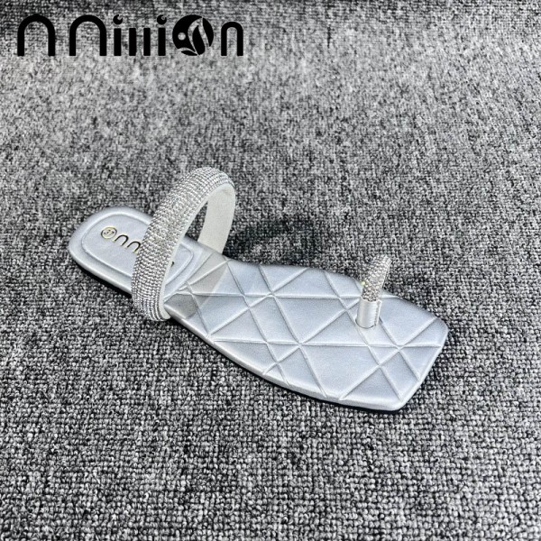 Women'S Fashion Square Toe Rhinestone Toe Ring Flat PU Slippers