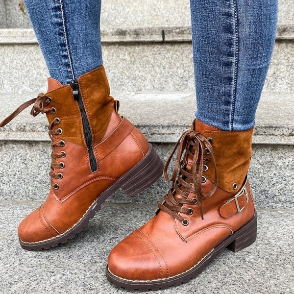 Women'S Fashion Round Toe Chunky Heel Lace Up Solid Color PU Combat Short Boots