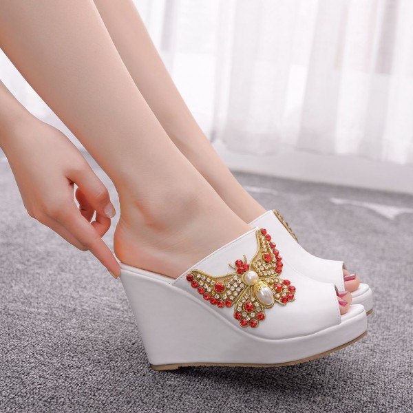 Women Fashion Peep Toe Rhinestone Bow Wedge Wedge Platform Slippers