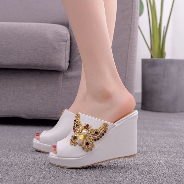 Women Fashion Peep Toe Rhinestone Bow Wedge Wedge Platform Slippers