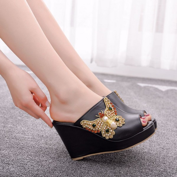 Women Fashion Peep Toe Rhinestone Bow Wedge Wedge Platform Slippers