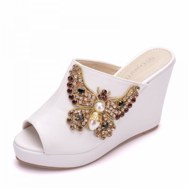 Women Fashion Peep Toe Rhinestone Bow Wedge Wedge Platform Slippers