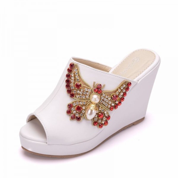 Women Fashion Peep Toe Rhinestone Bow Wedge Wedge Platform Slippers