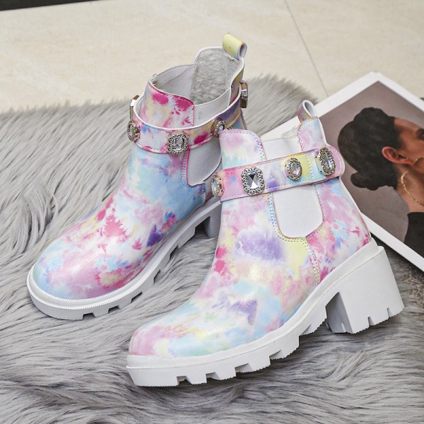 Women Fashion Colorful Print Rhinestone Chunky Heel Short Boots Plus Size