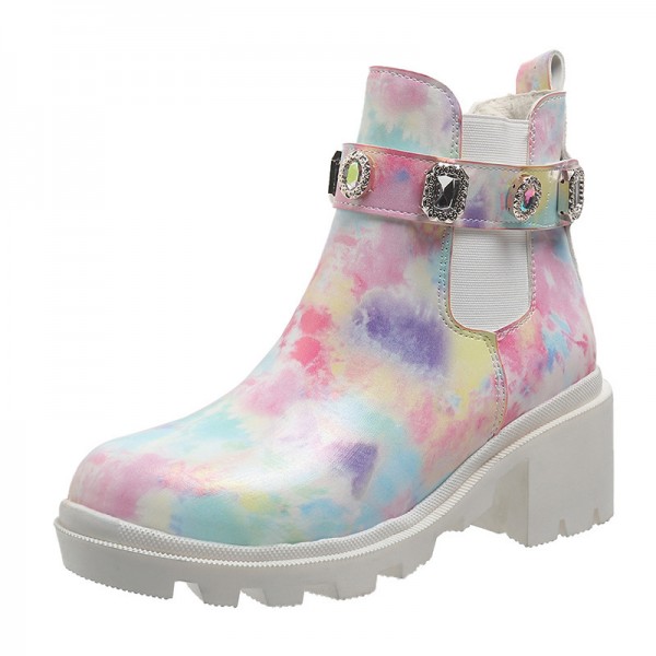 Women Fashion Colorful Print Rhinestone Chunky Heel Short Boots Plus Size