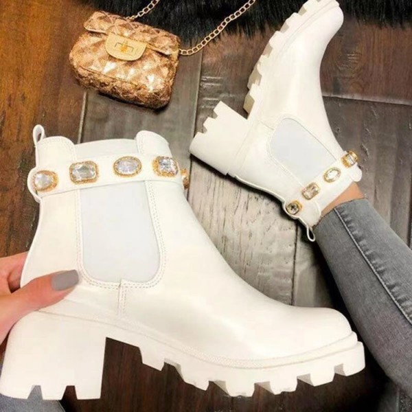 Women Fashion Colorful Print Rhinestone Chunky Heel Short Boots Plus Size