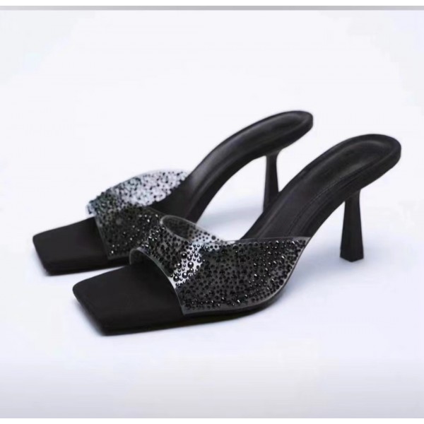 Plus Size Women Fashion Solid Color Square Toe Rhinestone Flat Stiletto Slippers