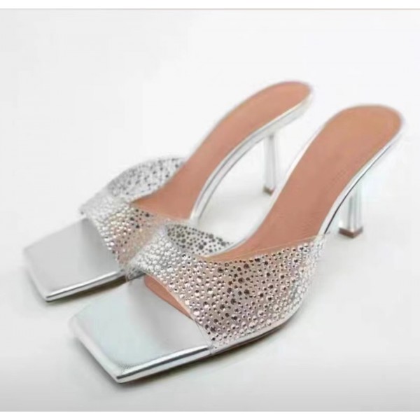 Plus Size Women Fashion Solid Color Square Toe Rhinestone Flat Stiletto Slippers