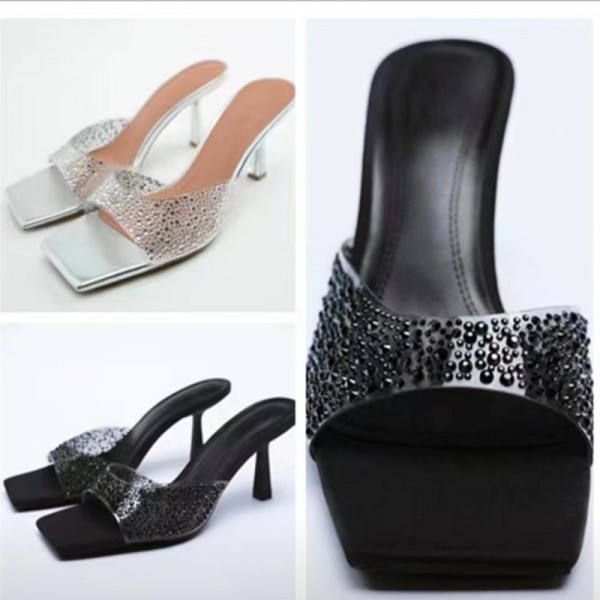 Plus Size Women Fashion Solid Color Square Toe Rhinestone Flat Stiletto Slippers