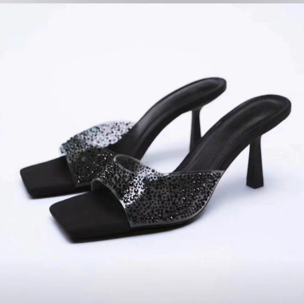 Plus Size Women Fashion Solid Color Square Toe Rhinestone Flat Stiletto Slippers