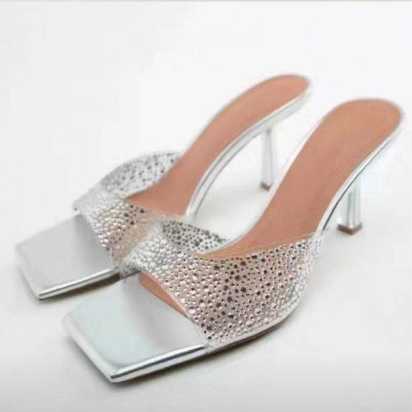 Plus Size Women Fashion Solid Color Square Toe Rhinestone Flat Stiletto Slippers