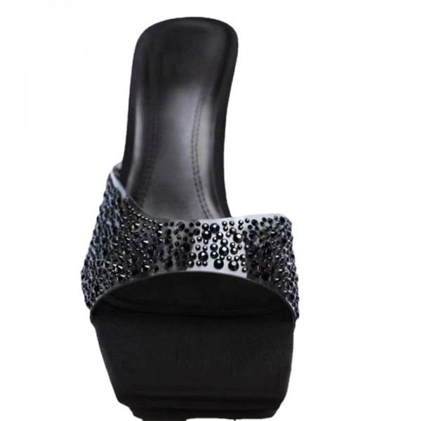 Plus Size Women Fashion Solid Color Square Toe Rhinestone Flat Stiletto Slippers