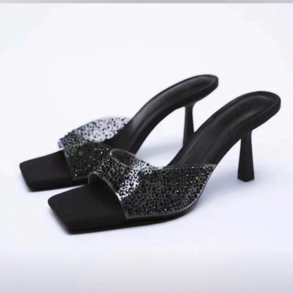 Plus Size Women Fashion Solid Color Square Toe Rhinestone Flat Stiletto Slippers