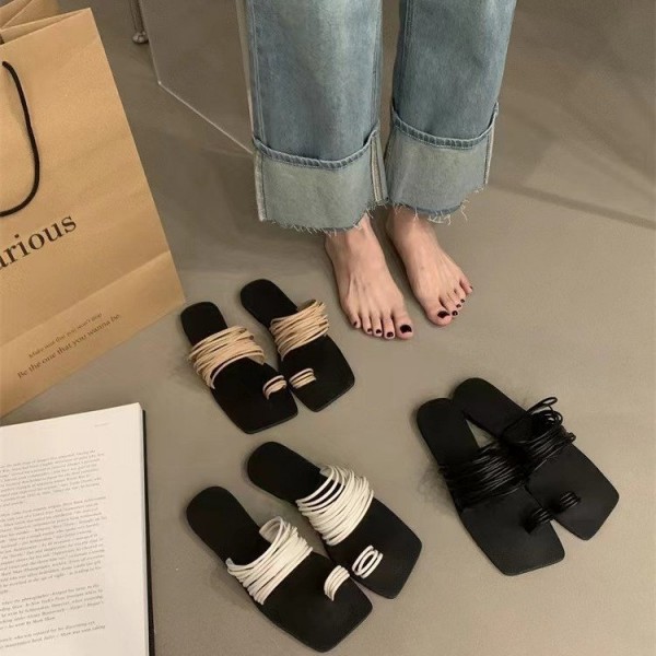 Women Fashion Square Head Thin Strap Combination One Word Soft Leather Flat Slippers