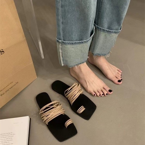 Women Fashion Square Head Thin Strap Combination One Word Soft Leather Flat Slippers