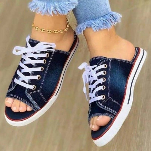 Plus Size Women Fashion Low Heel Denim Lace Up Flat Slippers