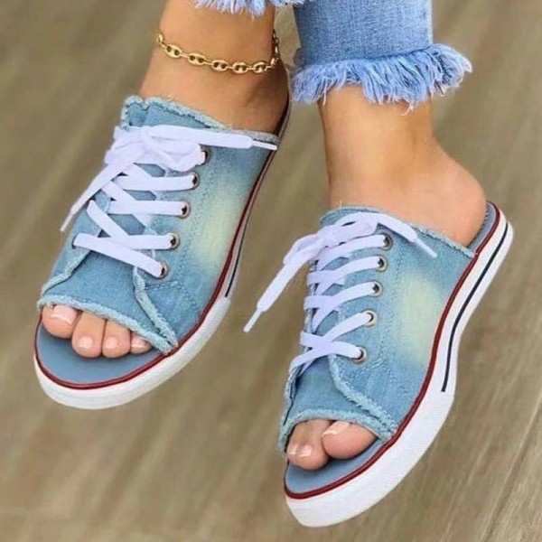 Plus Size Women Fashion Low Heel Denim Lace Up Flat Slippers