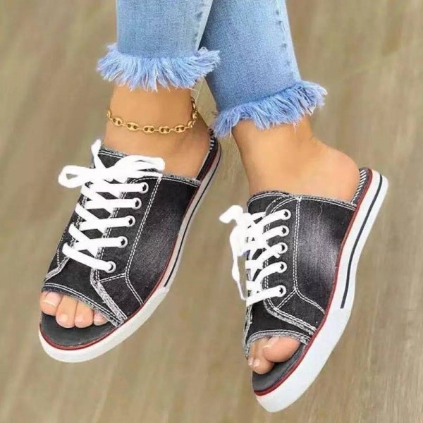 Plus Size Women Fashion Low Heel Denim Lace Up Flat Slippers