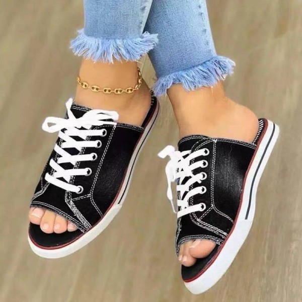 Plus Size Women Fashion Low Heel Denim Lace Up Flat Slippers