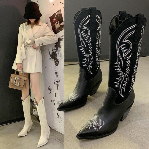 Women Fashion Pointed Toe Retro Denim Chunky Heel High Boots