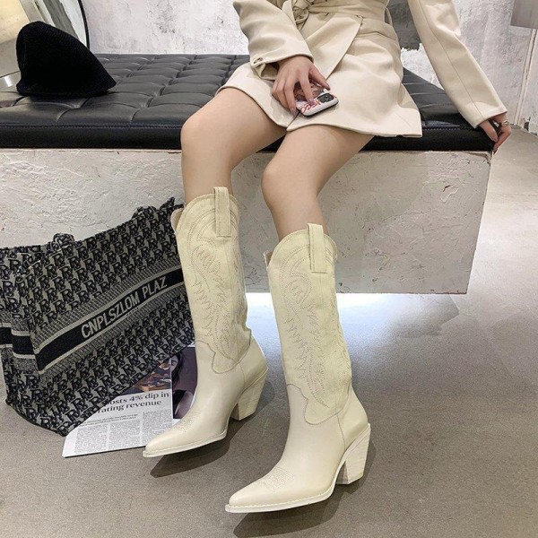 Women Fashion Pointed Toe Retro Denim Chunky Heel High Boots