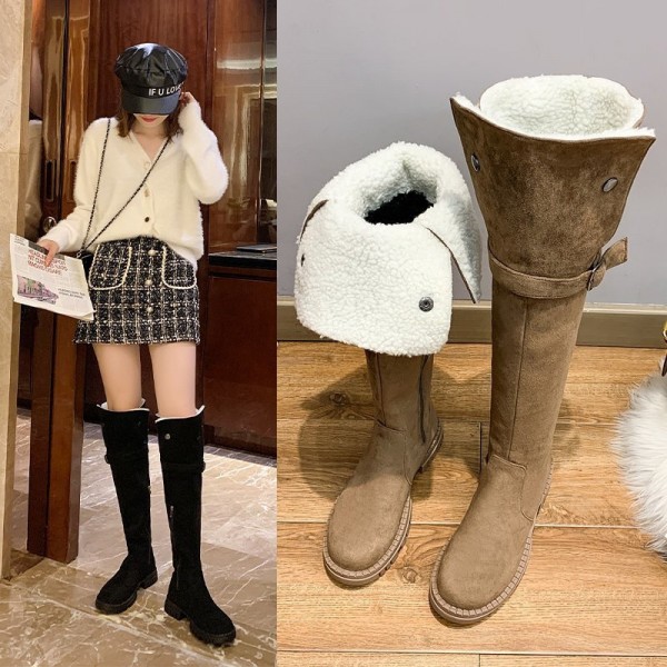 Autumn And Winter Women Fashion Solid Color Belt Buckle Over The Knee Snow Boots