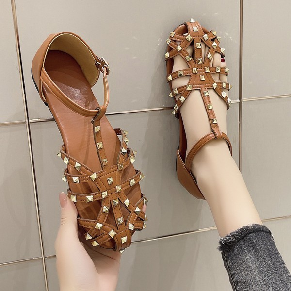 Women Fashion Plus Size Studded Cutout Flat Sandals