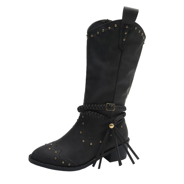 Vintage Women Fashion Plus Size Rivet Belt Buckle Tassel Mid-Calf Boots