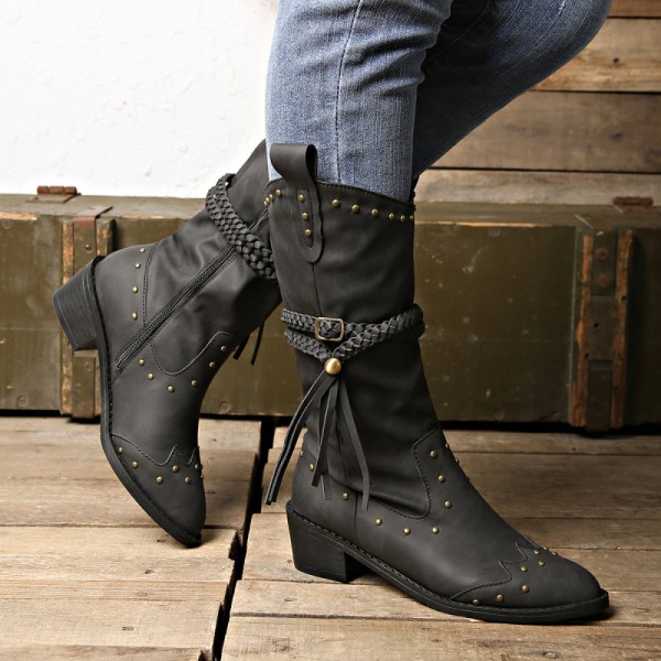 Vintage Women Fashion Plus Size Rivet Belt Buckle Tassel Mid-Calf Boots