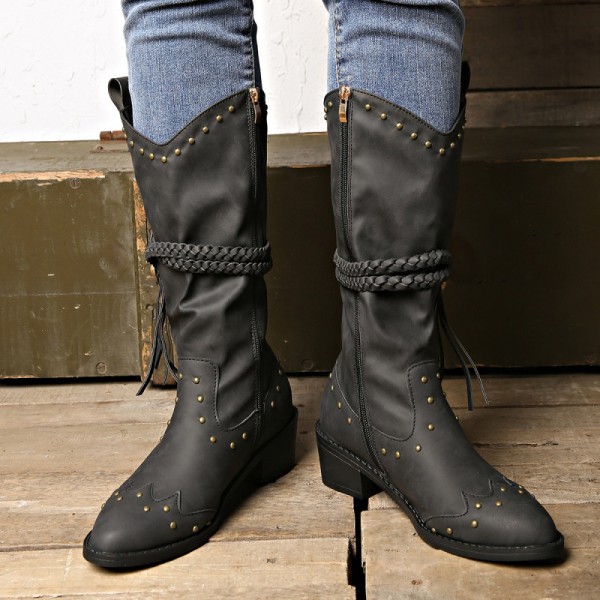 Vintage Women Fashion Plus Size Rivet Belt Buckle Tassel Mid-Calf Boots