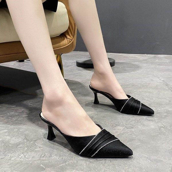 Women Fashion Elegant Pointed Toe Rhinestone Low Heel Slippers