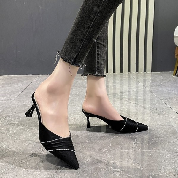 Women Fashion Elegant Pointed Toe Rhinestone Low Heel Slippers