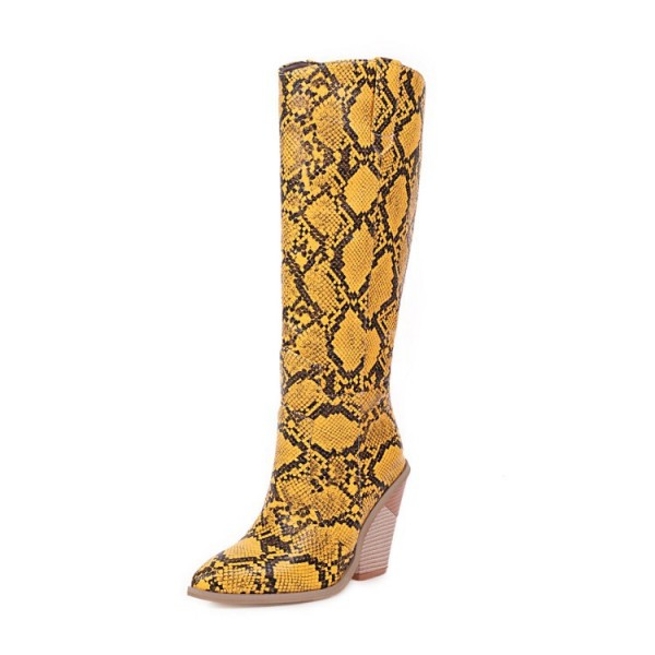 Women Fashion Snake Pointed Toe Chunky Heel High Boots