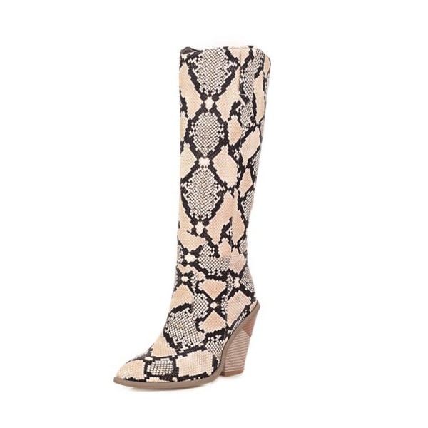 Women Fashion Snake Pointed Toe Chunky Heel High Boots