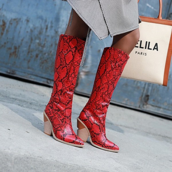 Women Fashion Snake Pointed Toe Chunky Heel High Boots