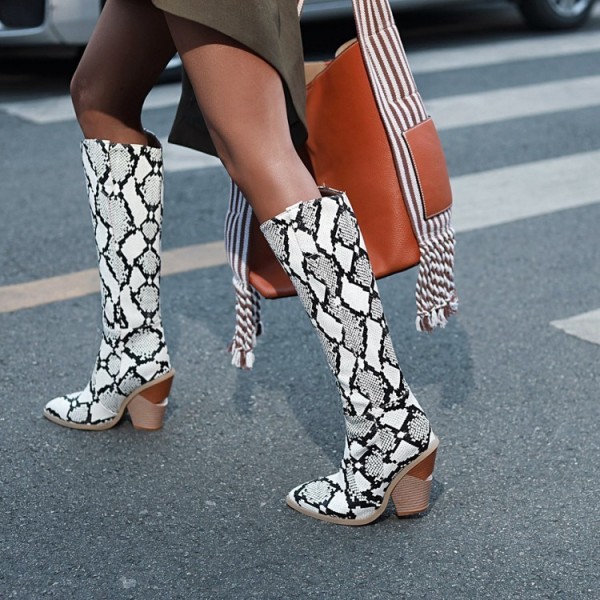 Women Fashion Snake Pointed Toe Chunky Heel High Boots