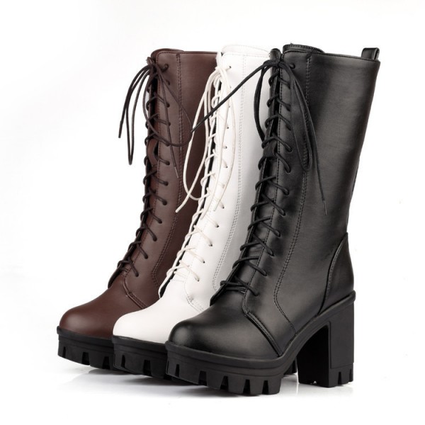 Autumn And Winter Women Fashion Solid Color Lace Chunky Heel Mid-Calf Boots