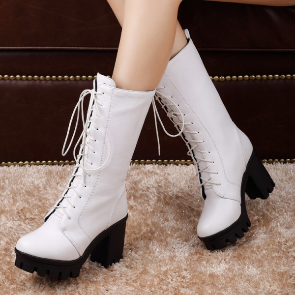 Autumn And Winter Women Fashion Solid Color Lace Chunky Heel Mid-Calf Boots