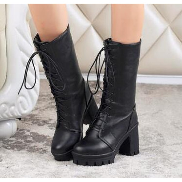 Autumn And Winter Women Fashion Solid Color Lace Chunky Heel Mid-Calf Boots