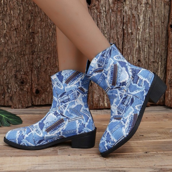 Women Fashion Plus Size Denim Print Pointed Toe Short Boots