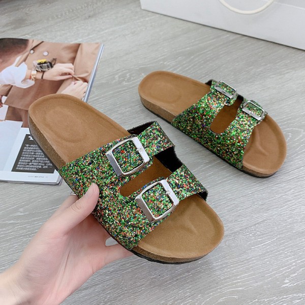 Women Fashion Plus Size Multicolor Sequin Leopard Flat Double Buckle Slippers