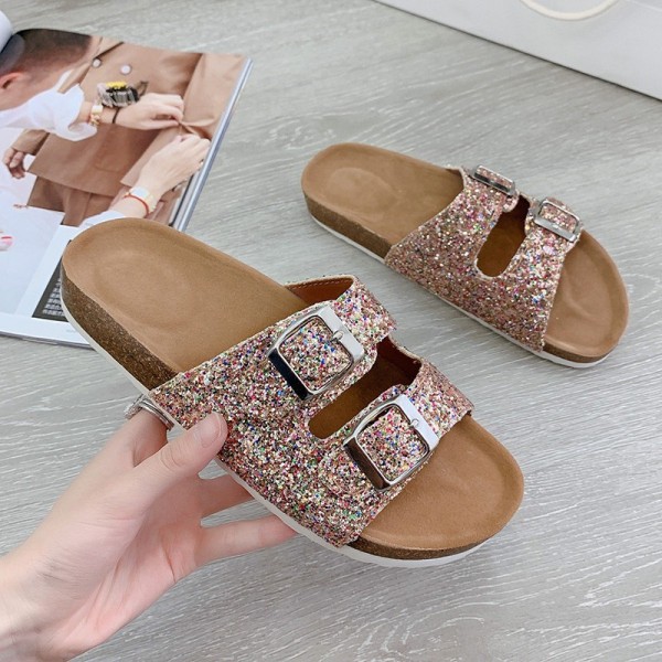 Women Fashion Plus Size Multicolor Sequin Leopard Flat Double Buckle Slippers