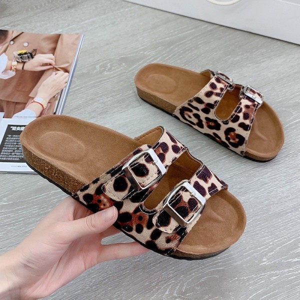 Women Fashion Plus Size Multicolor Sequin Leopard Flat Double Buckle Slippers