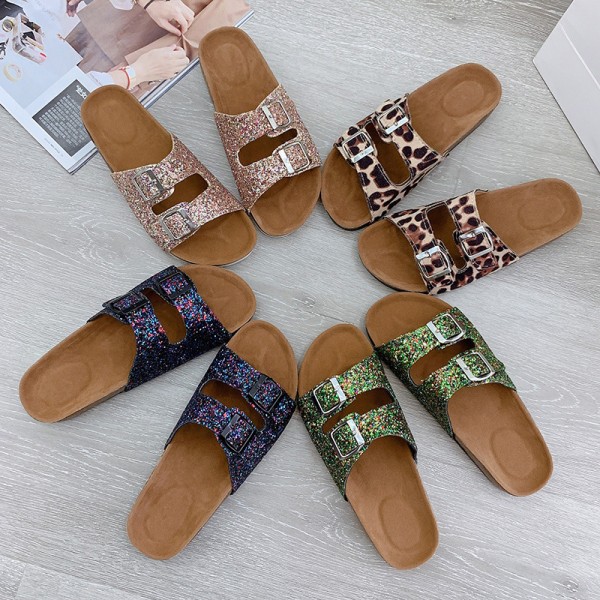 Women Fashion Plus Size Multicolor Sequin Leopard Flat Double Buckle Slippers