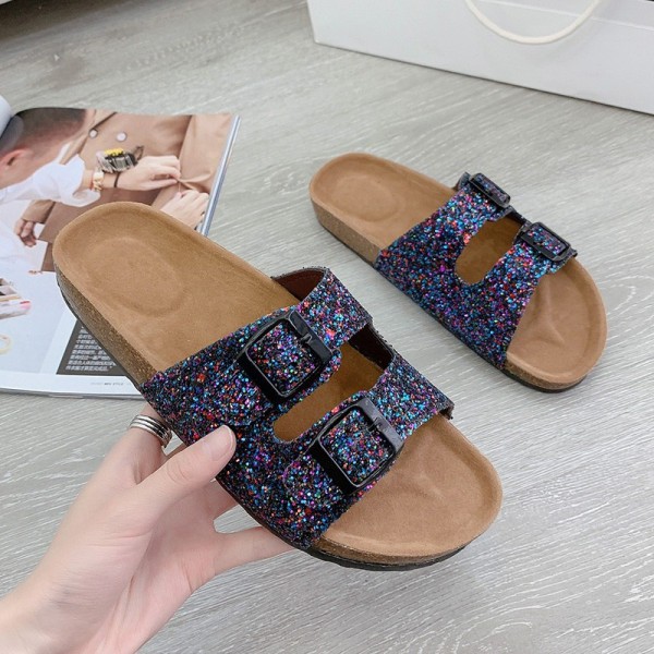 Women Fashion Plus Size Multicolor Sequin Leopard Flat Double Buckle Slippers