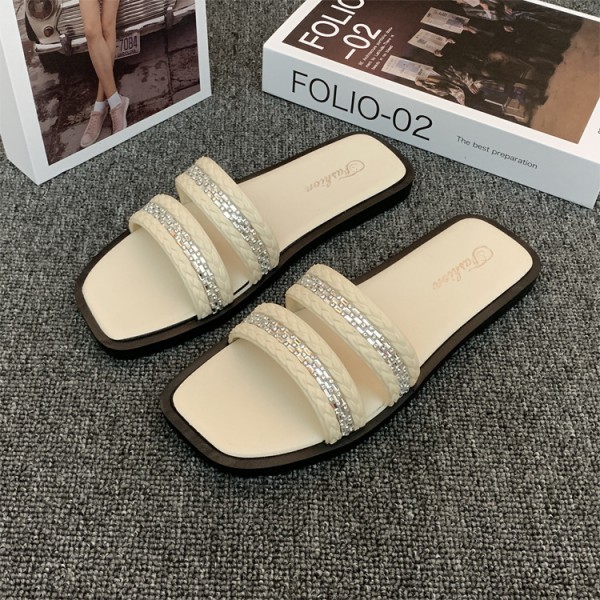 Women Fashion Casual Plus Size Rhinestone Square Toe Flat Slippers