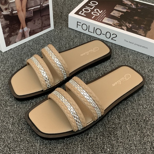 Women Fashion Casual Plus Size Rhinestone Square Toe Flat Slippers